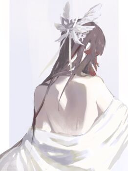 1girl absurdres bare_back bare_shoulders black_hair columbina_(genshin_impact) commentary english_commentary from_behind fuyutsuki11 genshin_impact head_wings highres long_hair multicolored_hair red_hair shirt solo two-tone_hair white_shirt white_wings wings