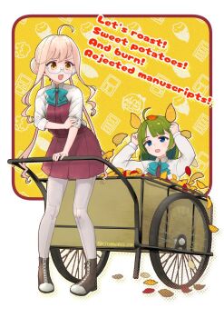 2girls ahoge blue_eyes blunt_bangs boots cart collared_shirt commentary_request dress dress_shirt english_text full_body glasses green_hair grey_pantyhose kantai_collection lace-up_boots leaf long_hair low_twintails makigumo_(kancolle) multiple_girls pantyhose pink_hair purple_dress shirt sleeves_rolled_up someno_haru twintails white_shirt yellow_eyes yuugumo_(kancolle)