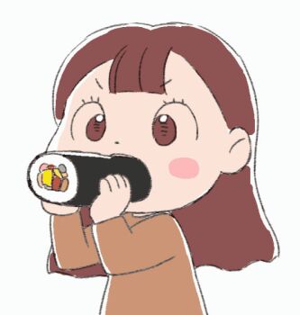 1girl animated animated_gif blush blush_stickers breasts brown_eyes brown_hair brown_shirt eating ehoumaki food holding holding_food large_breasts long_hair makizushi open_mouth original shirt sushi teeth upper_body white_background yamanokonza