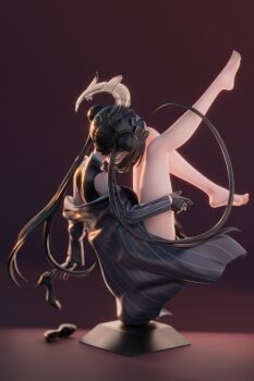1girl 3d bare_shoulders barefoot black_dress black_gloves black_hair blue_archive braid braided_bun breasts bubutata_takato butterfly_hair_ornament china_dress chinese_clothes clothes_between_thighs coat commentary_request double_bun dress from_behind full_body gloves grey_coat hair_bun hair_ornament half_gloves halo kisaki_(blue_archive) long_hair long_sleeves off_shoulder pelvic_curtain pinstripe_pattern sb_lama shoes short_dress side_slit small_breasts solo striped_coat thighs twintails unworn_shoes vertical-striped_coat