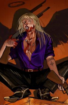 1boy absurdres arm_tattoo belt blonde_hair blood blood_on_chest blood_on_face blood_on_hands blunt_bangs dieantwoord2580 different_shadow eye_in_mouth eyeball feathered_wings full_body green_eyes gun halo hand_tattoo highres holding holding_gun holding_weapon long_hair male_focus original over_shoulder partially_open_shirt purple_shirt scar scar_across_eye scar_on_face shirt shotgun tattoo too_many_eyes weapon weapon_over_shoulder wings