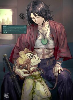 Rule 34 | 2girls, abs, annoyed, arm tattoo, artist name, between legs, black hair, black nails, blue ogre, blue pants, blush, budget sarashi, chest sarashi, chest tattoo, clenched teeth, collarbone, commentary, couch, deadlock (game), english commentary, english text, glasses, green sweater, highres, holding, holding leash, indoors, insult, jewelry, katana, kneeling, leash, long hair, looking at another, looking down, looking up, messy hair, multiple girls, narrowed eyes, necklace, on couch, open clothes, open shirt, orange hair, paige (deadlock), pants, red shirt, round eyewear, sarashi, scar, scar on face, scar on lip, scar on mouth, shirt, sidelocks, sitting, squiggle, striped clothes, striped pants, sweat, sweater, sword, sword tassel, tassel, tattoo, teeth, vertical-striped clothes, vertical-striped pants, wavy hair, weapon, weapon tassel, wide sleeves, yamato (deadlock), yuri