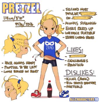 1girl asymmetrical_footwear bad_id bad_pixiv_id bandaid bike_shorts black_eyes blonde_hair bottle brand_name_imitation character_name reference_sheet child english_text female_focus fisticuffs_club hair_bobbles hair_ornament legs_apart mismatched_footwear original ponytail shoes simple_background smile sneakers soda solo standing white_background