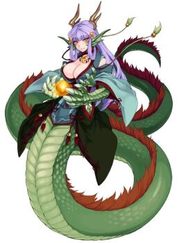 1girl animal_hands ball blush body_jewelry breasts chest_jewel claws cleavage dragon dragon_girl eastern_dragon female_focus gem horns japanese_clothes jewelry kenkou_cross kimono large_breasts long_hair looking_at_viewer magatama monster_girl monster_girl_encyclopedia monster_girl_encyclopedia_ii official_art purple_hair ryu_(monster_girl_encyclopedia) scales snake_tail solo tail