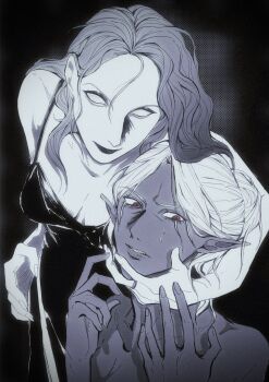 Rule 34 | 2girls, alternate costume, baldur's gate, baldur's gate 3, bare shoulders, black background, black dress, black lips, blank eyes, colored skin, commentary, crutch c, dark elf, dress, elf, english commentary, facing viewer, hair bun, hand on another's face, highres, limited palette, long hair, looking down, minthara, multiple girls, nervous, orin the red, parted lips, pointy ears, purple skin, red eyes, short hair, sideways glance, simple background, single hair bun, sleeveless, sleeveless dress, spaghetti strap, sweat, upper body, wavy hair, white hair, white skin, yuri