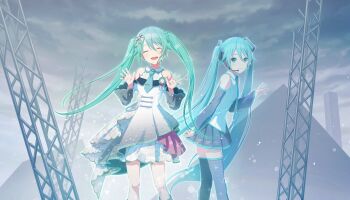 2girls :d ^_^ aqua_eyes aqua_hair aqua_necktie black_boots black_skirt black_sleeves boots closed_eyes closed_mouth collared_shirt colorful_palette detached_sleeves dress dual_persona floral_print game_cg hair_ornament hatsune_miku headset highres idol_clothes initial link_the_beats!_(project_sekai) long_sleeves more_more_jump!_miku multiple_girls necktie official_art open_mouth pleated_skirt project_sekai shirt skirt sleeveless sleeveless_shirt smile thigh_boots third-party_source tongue triangle twintails twintails_with_braided_base vocaloid white_shirt