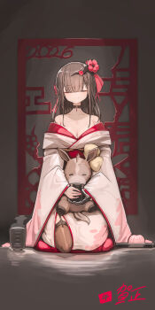 1girl black_choker black_hair black_thighhighs blunt_bangs breasts chinese_zodiac choker closed_eyes garter_straps genek gloves hair_ornament highres japanese_clothes kimono kneeling long_hair medium_breasts off_shoulder original single_glove smile solo thighhighs two-tone_kimono year_of_the_horse