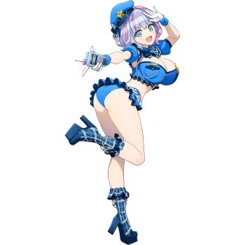 1girl ass ass_focus bikini blue_bikini blue_hair breasts cleavage dolphin_wave game_cg gloves high_heels highres holding holding_walkie-talkie kukuri_tomo large_breasts leg_up looking_at_viewer non-web_source official_art ootomo_takuji open_mouth pink_hair pink_streaks police police_uniform policewoman salute smile solo swimsuit transparent_background walkie-talkie white_gloves
