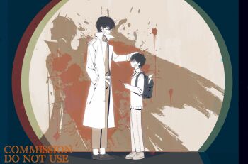 2boys backpack bag bandage_on_face bandages black_hair black_shirt blood blood_splatter collared_shirt commentary demon_wings different_shadow dual_persona english_commentary facing_another feathered_wings full_body hand_in_pocket hand_on_another&#039;s_head height_difference highres holding holding_phone kim_dokja male_focus multiple_boys oldest_dream omniscient_reader&#039;s_viewpoint phone shirt short_hair standing twle vest wings