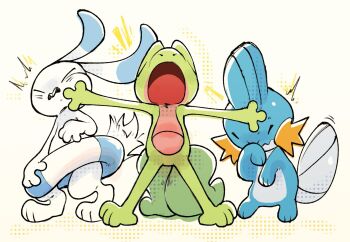 animal_ears buck_teeth closed_eyes dazilume full_body gecko gen_3_pokemon highres meme mudkip nintendo no_humans open_mouth pokemon pokemon_(creature) pokemon_rse pokemon_rse_(prototype) pushing rabbit rabbit_ears standing t-pose_puppy_(meme) tail teeth treecko warabbit