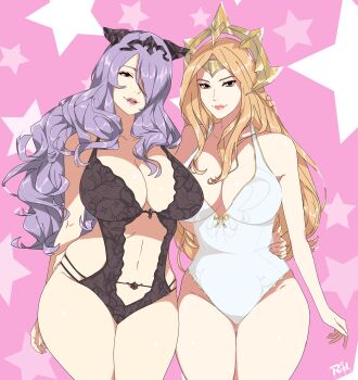 2girls arm_around_waist blonde_hair breasts camilla_(fire_emblem) cleavage crossover fire_emblem fire_emblem_fates hair_over_one_eye highres large_breasts league_of_legends leona_(league_of_legends) long_hair mature_female multiple_girls nintendo one-piece_swimsuit open_mouth purple_hair r3dfive smile swimsuit thighs tiara very_long_hair wavy_hair wide_hips