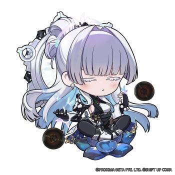 1girl bead_bracelet beads blue_hair blunt_bangs blush bracelet breasts bridal_gauntlets chibi closed_eyes commentary earrings english_commentary floating_hair goddess_of_victory:_nikke gradient_hair grey_hair hair_intakes halo highres indian_style japanese_clothes jewelry long_hair mechanical_arms medium_breasts mole mole_on_breast multicolored_hair nayuta_(nikke) no_nose official_art parted_lips shell shell_earrings sideboob single_mechanical_arm sitting solo torn_clothes totatokeke very_long_hair