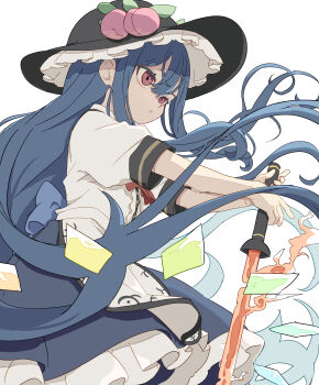 Rule 34 | 1girl, absurdres, apron, back bow, black hat, blue bow, blue hair, blue skirt, bow, bowtie, center frills, collared shirt, commentary request, cowboy shot, frilled hat, frilled skirt, frills, hair between eyes, hat, highres, hinanawi tenshi, holding, holding sword, holding weapon, kame (kamepan44231), long hair, parted lips, peach hat ornament, red bow, red bowtie, red eyes, shirt, short sleeves, simple background, skirt, solo, sword, sword of hisou, touhou, waist apron, weapon, white apron, white background, white shirt