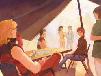 2girls 4boys absurdres amuro_ray black_hair blonde_hair blue_eyes blue_hair blue_jumpsuit blue_pants bright_noa brown_hair brown_jacket chair char_aznable commentary crossed_arms cup denim dress drinking_glass earth_federation emma_sheen fa_yuiry gloves green_dress green_gloves gundam haro highres holding holding_cup jacket jeans jumpsuit kamille_bidan long_sleeves looking_at_another map military_uniform multiple_boys multiple_girls netube non-humanoid_robot pants pantyhose quattro_bajeena red_gloves red_jacket red_pants robot short_hair sitting sleeveless sleeveless_dress sleeveless_jacket standing sunglasses table yellow_dress zeta_gundam