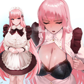1girl absurdres alternate_costume apron black_bra black_nails blush bra breasts breath cleavage closed_eyes commentary english_commentary gradient_background highres hololive hololive_english kisaragi_tsurugi large_breasts long_hair long_sleeves looking_at_viewer maid maid_headdress mori_calliope multiple_views nail_polish navel open_mouth parted_lips pink_hair red_eyes standing sweat underwear virtual_youtuber white_apron
