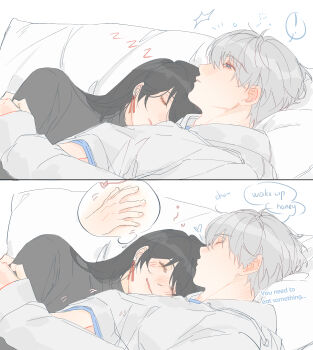 ! 1boy 1girl absurdres black_hair blue_eyes blush closed_eyes couple earrings english_text gggg888xx grey_hair grey_shirt hair_between_eyes half-closed_eyes hand_under_clothes hand_under_shirt hetero highres jewelry kissing_hair long_hair love_and_deepspace on_bed parted_lips pillow protagonist_(love_and_deepspace) reclining shirt short_hair sleeping smile spoken_exclamation_mark upper_body white_background xavier_(love_and_deepspace) zzz