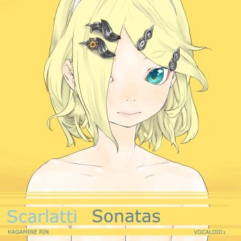Rule 34 | 1girl, aqua eyes, blonde hair, close-up, female focus, gradient background, hair ornament, hair ribbon, hairclip, kagamine rin, nude, ribbon, shizuoka (bl09), short hair, solo, vocaloid, yellow background