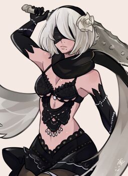 1girl blindfold bob_cut cosplay drag-on_dragoon drag-on_dragoon_3 flower hair_flower hair_ornament holding holding_weapon kokomi_(aniesuakkaman) nier_(series) nier:automata scarf solo two_(drag-on_dragoon) weapon white_hair 2b_(nier:automata)