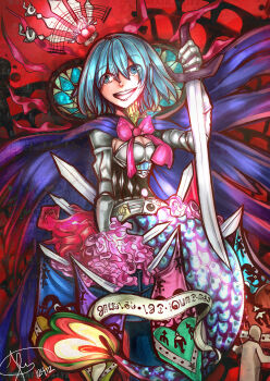 Rule 34 | 1girl, absurdres, blue cape, blue eyes, blue hair, bow, bowtie, breasts, cape, character name, cleavage, commentary, crazy eyes, crazy smile, dress, english commentary, hair between eyes, highres, holding, holding sword, holding weapon, holger (madoka magica), humanization, hzrinv, madoka runes, mahou shoujo madoka magica, mahou shoujo madoka magica (anime), medium breasts, mermaid, miki sayaka, monster girl, oktavia von seckendorff, open mouth, pink bow, pink bowtie, short hair, smile, solo, spoilers, sword, tail, translated, weapon, white dress, witch (madoka magica)