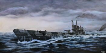 absurdres cargo_ship cloud cloudy_sky commentary_request highres kriegsmarine military military_vehicle nazi_war_ensign no_humans ocean original ship sinking sky smoke submarine type_vii vehicle_focus vortex_(xu_xuanwo) warship watercraft world_war_ii
