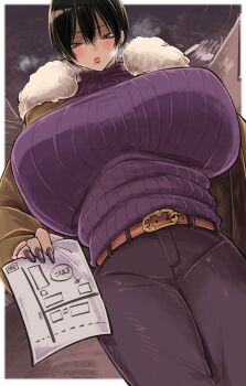 1girl belt black_hair blush breasts breath bright_pupils chichi8181 coat dutch_angle fur-trimmed_coat fur_trim gigantic_breasts hair_between_eyes highres holding holding_map map map_(object) mole mole_under_mouth original pants pixie_cut purple_eyes purple_nails purple_sweater red_lips ribbed_sweater short_hair solo sweater swept_bangs tsukiyama_touko white_pupils winter_clothes winter_coat