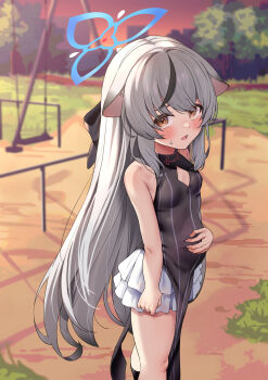 1girl animal_ears black_dress blue_archive blush brown_eyes china_dress chinese_clothes dress female_focus grey_hair halo hand_on_own_stomach highres isemori kokona_(blue_archive) loli long_hair looking_at_viewer miniskirt multicolored_hair open_mouth outdoors playground pleated_skirt pregnant pregnant_loli skirt sleeveless sleeveless_dress solo standing stomach streaked_hair striped_clothes striped_dress sweatdrop swing thighs tiger_ears tiger_girl vertical_stripes white_skirt