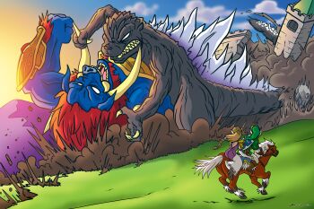 1boy 1girl animal_ears ass blonde_hair blue_eyes brandon_santiago castle claws commentary crossover destruction dinosaur dress english_commentary epona ganon giant giant_monster gloves godzilla godzilla_(series) hat highres holding holding_sword holding_weapon jewelry kaiju link long_hair master_sword monster multiple_boys nintendo open_mouth pig pointy_ears princess_zelda sharp_teeth shield short_hair spikes spines sword tail teeth the_legend_of_zelda toho_(movie_company) triforce tusks weapon white_eyes