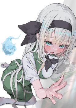 1girl absurdres ascot black_ascot black_hairband black_ribbon commentary_request green_eyes green_skirt green_vest grey_hair hair_ribbon hairband highres kararage_tsune konpaku_youmu long_hair looking_at_viewer open_mouth ribbon shirt simple_background skirt solo sweatdrop touhou vest white_background white_shirt