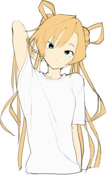 1girl abukuma_(kancolle) arm_behind_head arm_up bad_id bad_twitter_id blonde_hair closed_mouth commentary_request cropped_torso double_bun green_eyes hageshii_nakano hair_bun hair_rings highres image_sample inactive_account kantai_collection long_hair looking_at_viewer shirt short_sleeves simple_background solo t-shirt twintails twitter_sample upper_body white_background white_shirt