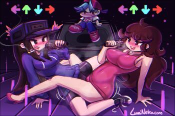 2021 2girls black_hair black_shorts blush boyfriend_(friday_night_funkin') breasts brown_hair cameltoe cassette_girl dress friday_night_funkin' gameplay_mechanics girlfriend_(friday_night_funkin') hood hoodie large_breasts lumineko lying medium_breasts minidress mob_face multiple_girls panties pink_panties purple_hoodie red_dress shorts tagme tribadism tribadism_through_clothes underwear yuri