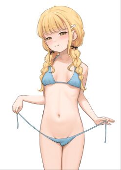 1girl :3 bare_arms bare_shoulders bikini bikini_bottom_lift blonde_hair blue_bikini blunt_bangs blush braid breasts breasts_apart closed_mouth collarbone cowboy_shot dot_nose eyelashes fujita_kotone gakuen_idolmaster groin hair_ornament hair_over_shoulder idolmaster kuroshiro00 long_hair looking_at_viewer navel seductive_smile side-tie_bikini_bottom sidelocks simple_background small_breasts smile solo strap_pull swimsuit twin_braids white_background