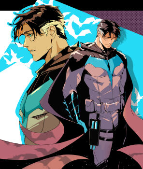 Rule 34 | 1boy, aged up, bat signal, batman (series), batman symbol, black bodysuit, black hair, blue bodysuit, blue eyes, bodysuit, cape, cowl, dc comics, dick grayson, escrima sticks, gloves, highres, male focus, mask, multicolored bodysuit, multicolored hair, muscular, muscular male, nichasheng, pectorals, short hair, simple background, superhero costume, taut bodysuit, two-tone hair, white hair