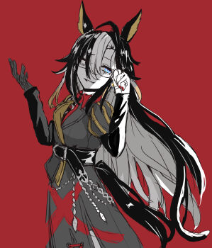1girl absurdres adjusting_eyewear ahoge animal_ear_piercing animal_ears belt black_belt black_hair blue_eyes chain coat colored_inner_animal_ears dream_journey_(reminder_of_dreamland)_(umamusume) dream_journey_(umamusume) dress ear_ornament eyewear_strap gloves highres horse_ears horse_girl horse_tail jacket jewelry lace lace-up_skirt lace_gloves leather_body_harness leather_sleeves leather_strap multicolored_coat multicolored_dress multicolored_hair nail_polish puffy_short_sleeves puffy_sleeves red_background red_shirt red_x ring semi-rimless_eyewear shirt short_sleeves silver_chain silver_trim smirk songdu streaked_hair tail umamusume white_hair white_streaks x_(symbol)