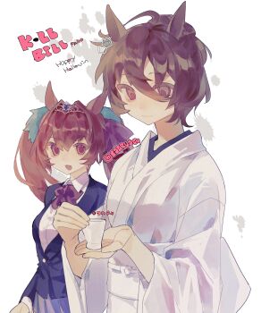 2girls agnes_tachyon_(umamusume) ahoge animal_ears blazer blue_jacket blush bow breasts brown_hair chemical_structure closed_mouth collared_shirt cosplay cscarus cup daiwa_scarlet_(umamusume) earrings hair_between_eyes hair_intakes halloween halloween_costume highres holding holding_cup horse_ears horse_girl ishii_o-ren ishii_o-ren_(cosplay) jacket japanese_clothes jewelry kill_bill kimono long_hair long_sleeves looking_at_viewer multiple_girls open_mouth pleated_skirt red_eyes school_uniform shirt single_earring skirt smile tiara twintails umamusume very_long_hair white_kimono white_shirt yuubari_gogo yuubari_gogo_(cosplay)