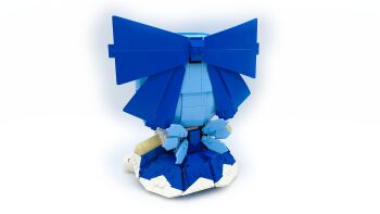 Rule 34 | 1girl, blue bow, blue dress, blue hair, bow, cirno, commentary, dress, english commentary, facing away, fairy wings, from behind, full body, fumo (doll), hair bow, highres, lavishlump, lego (medium), light blue hair, medium hair, short sleeves, simple background, sitting, solo, touhou, unconventional media, white background, wings