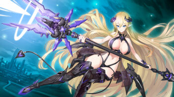 1girl absurdres armor armored_boots bare_shoulders bikini_armor blonde_hair blue_eyes boots borrowed_character breasts breasts_apart center_opening city closed_mouth cloud commentary_request commission dutch_angle energy energy_beam firing fishnet_thighhighs fishnets floating_hair flying green_sky groin hair_between_eyes highleg highres holding holding_staff holding_weapon horns large_breasts leg_armor long_hair looking_ahead mechanical_horns mechanical_wings mytea_(soso) navel night night_sky original outdoors pointy_ears revealing_clothes sideboob skeb_commission sky sleeveless smile solo staff star_(sky) tail thigh_armor thighhighs thighs very_long_hair weapon wings