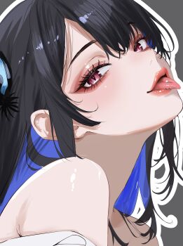 1girl absurdres akamiya_mumu black_hair blue_hair close-up colored_inner_hair commentary_request grey_background highres hololive hololive_english horns looking_at_viewer multicolored_hair nerissa_ravencroft off_shoulder piercing purple_eyes sidelocks simple_background slit_pupils solo tongue tongue_out tongue_piercing virtual_youtuber