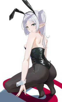 1girl absurdres animal_ears ass black_corset black_pantyhose commentary_request corset earrings elf frieren green_eyes highres jewelry kneeling lilin_(pixiv_25958194) long_hair looking_at_viewer pantyhose playboy_bunny pointy_ears rabbit_ears sousou_no_frieren twintails white_hair wrist_cuffs