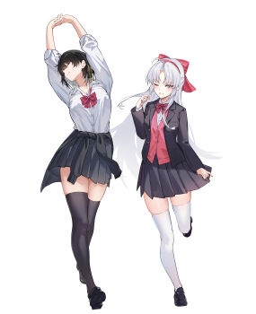 2girls absurdres alternate_costume aqua_eyes arms_up black_cardigan black_hair black_jacket black_shoes black_skirt black_thighhighs blazer bow bowtie breasts cardigan cardigan_around_waist carlotta_(wuthering_waves) chamaru5963 closed_eyes closed_mouth clothes_around_waist collared_shirt colored_inner_hair commentary female_rover_(wuthering_waves) full_body grin hair_bow hair_ribbon hairband hand_up hashtag-only_commentary highres jacket light_blush loafers long_hair long_sleeves looking_at_viewer medium_breasts multicolored_eyes multicolored_hair multiple_girls one_eye_closed open_clothes open_jacket pink_bow pink_bowtie pink_cardigan pink_eyes pink_hairband ribbon rover_(wuthering_waves) school_uniform shirt shoes sidelocks simple_background skirt smile stretching thighhighs thighs two-tone_eyes white_background white_hair white_shirt white_thighhighs wuthering_waves yellow_ribbon zettai_ryouiki