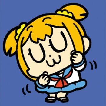 1girl :3 bad_id bkub blonde_hair blue_background blue_sailor_collar blue_skirt brown_shoes chibi chibi_only closed_eyes closed_mouth dot_nose full_body hands_up long_sleeves lowres neckerchief poptepipic popuko red_neckerchief sailor_collar school_uniform serafuku shirt shoes short_hair short_twintails sidelocks simple_background skirt socks solo standing twintails white_shirt white_socks