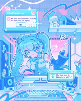 1girl ahoge aqua_hair aqua_necktie aqua_theme artist_name black_skirt black_sleeves blue_eyes blue_nails collared_shirt commentary computer computer_keyboard computer_mouse computer_tower crown cryotters cursor detached_sleeves dialogue_box dot_nose emphasis_lines english_commentary english_text hatsune_miku highres light_smile long_hair megaphone monitor musical_note nail_polish necktie number_tattoo pastel_colors pen pen_holder scissors shelf shirt skirt sleeveless sleeveless_shirt speaker spring_onion sticker stuffed_animal stuffed_cat stuffed_toy tattoo through_medium through_screen twintails vocaloid