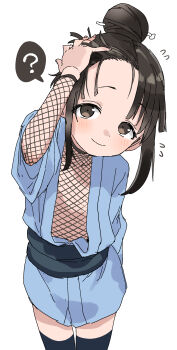1girl ? absurdres arm_up black_hair black_thighhighs blue_kimono brown_eyes closed_mouth commentary_request fishnets flat_chest flying_sweatdrops forehead hair_bun hair_ornament hair_stick highres japanese_clothes kimono kunoichi_tsubaki_no_mune_no_uchi looking_at_viewer mokuren_(kunoichi_tsubaki_no_mune_no_uchi) obi sash simple_background smile solo spoken_question_mark thighhighs white_background yamamoto_souichirou