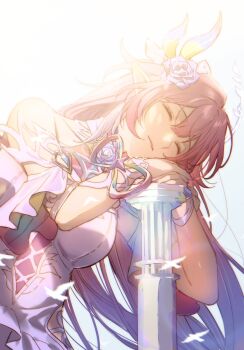 1girl absurdres bare_shoulders bird breasts closed_eyes cyrene_(demiurge)_(honkai:_star_rail) cyrene_(honkai:_star_rail) dove dress flower hair_flower hair_ornament highres honkai:_star_rail honkai_(series) large_breasts long_hair pink_hair pointy_ears solo stone_pillar very_long_hair white_dress zassyoku_dd