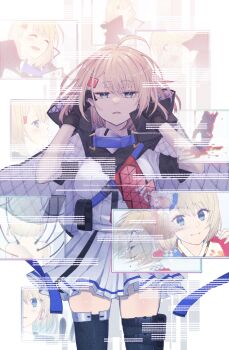 1girl acr_(girls'_frontline) black_gloves black_jacket black_thighhighs blonde_hair blood blue_eyes flashback girls'_frontline glitch gloves highres holographic_interface jacket mole mole_under_eye rabb_horn screen short_hair skirt smile solo thighhighs white_skirt