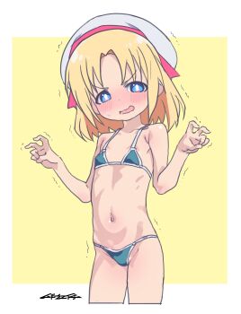 1girl absurdres bikini blonde_hair double_v embarrassed flat_chest game_center_shoujo_to_ibunka_kouryuu highres lily_baker loli mudou_eichi shaking solo swimsuit v white_hair yellow_background