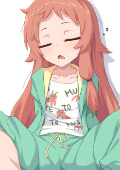 Rule 34 | 1girl, collarbone, flat chest, green pajamas, green pants, hair over shoulder, long hair, low-tied sidelocks, open clothes, open shirt, pajamas, pants, princess connect!, rin (princess connect!), rin (real) (princess connect!), shirt, sidelocks, simple background, single sidelock, sitting, sleeping, solo, spread legs, umarutsufuri, white shirt