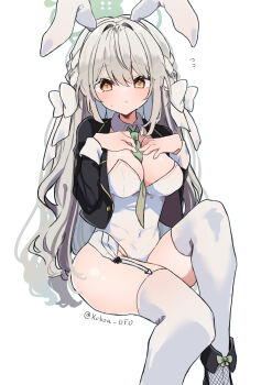 1girl absurdres alternate_costume animal_ears between_breasts bow braid breasts cleavage covered_navel detached_collar fake_animal_ears green_halo green_necktie grey_hair hair_ribbon halo hazel_eyes highres kokoa_ufo lapels large_breasts leotard long_hair long_sleeves looking_at_viewer miyo_(blue_archive) necktie necktie_between_breasts playboy_bunny rabbit_ears ribbon ribbon_braid solo strapless strapless_leotard thighhighs white_bow white_leotard white_thighhighs