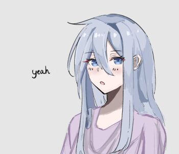 Rule 34 | 1girl, :o, blue eyes, blush, commentary, ena 25ji, english commentary, english text, grey background, grey hair, hair between eyes, highres, long hair, long sidelocks, looking at viewer, open mouth, project sekai, purple shirt, shirt, sidelocks, simple background, solo, yoisaki kanade