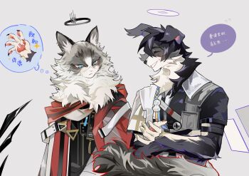2boys :&lt; :d ^_^ absurdres arknights bbb211ddd belt black_fur black_halo black_jacket black_shirt black_wings blue_eyes capelet cat_boy chinese_commentary chinese_text claws cloak closed_eyes closed_mouth cross cross_print crossed_arms crossed_bangs detached_wings dog_boy executor_(arknights) executor_the_ex_foedere_(arknights) expressionless facing_another flying_sweatdrops furrification furry furry_male grey_background grey_fur hair_between_eyes halo highres image_in_thought_bubble insider_(arknights) jacket light_blush long_sleeves looking_at_hand looking_down looking_to_the_side male_focus multiple_boys nervous_smile open_hand open_mouth pawpads profile ragdoll_(cat) red_cloak shirt short_sleeves shoulder_belt side_cape simple_background smile sparkle speech_bubble sweatdrop tail tail_around_another&#039;s_waist tail_wrap thought_bubble translation_request upper_body white_belt white_capelet white_fur white_halo wings