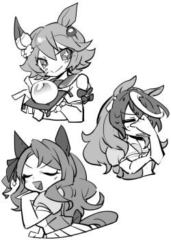 +_+ 3girls animal_ears beer_hsk bow closed_mouth clothing_cutout commentary_request cropped_torso crystal_ball daruma_doll ear_bow flower greyscale hair_between_eyes hair_flower hair_ornament highres horse_ears horse_girl horse_tail king_halo_(umamusume) long_hair matikanefukukitaru_(rising_fortune)_(umamusume) matikanefukukitaru_(umamusume) monochrome multicolored_hair multiple_girls one_side_up pleated_skirt puffy_short_sleeves puffy_sleeves sailor_collar school_uniform shirt short_sleeves shoulder_cutout simple_background skirt smile streaked_hair symboli_rudolf_(umamusume) tail tracen_school_uniform two-tone_hair umamusume very_long_hair white_background